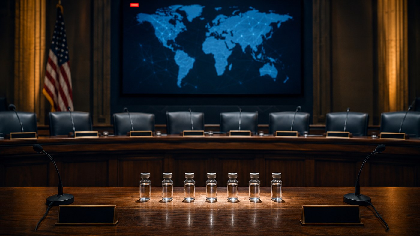 An empty FDA advisory committee hearing room the day before the July 2026 peptide compounding vote, with seven unlabeled vials lined up on the table beneath a glowing world map screen and the US flag