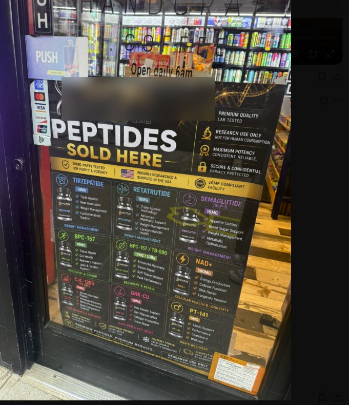 Gray market peptide poster in a corner store window advertising research-use-only peptides for sale