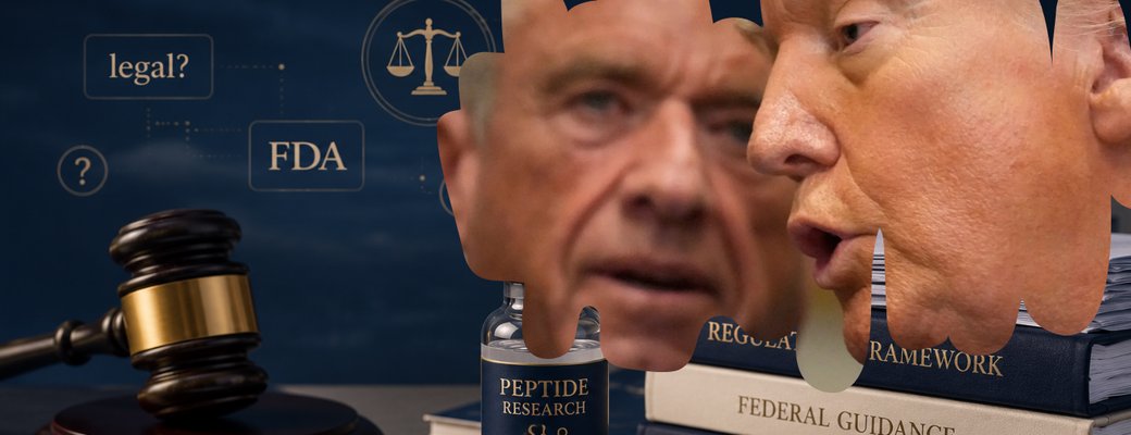 Peptide vial beside a gavel and legal books, 2026 decision pending