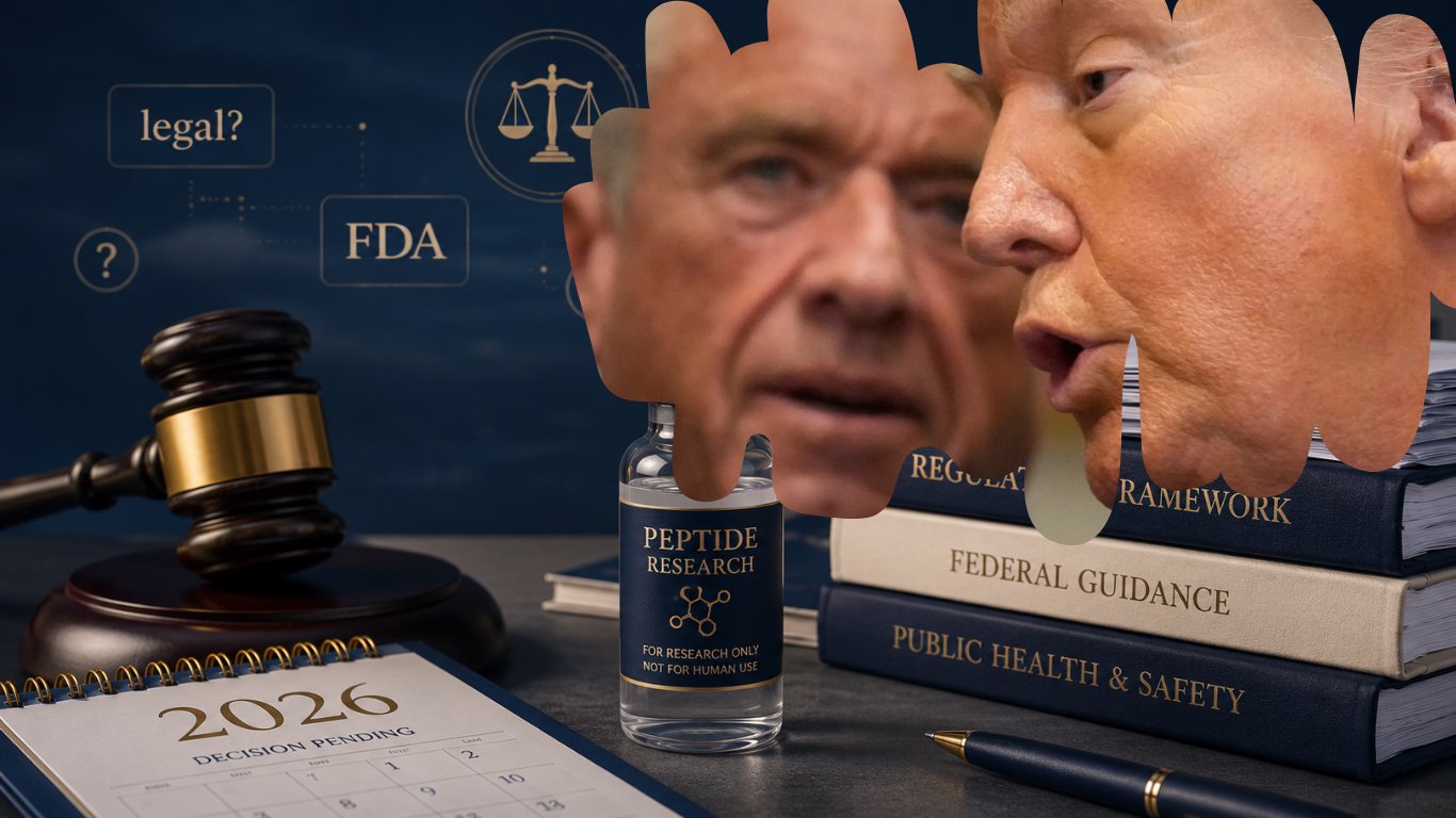 Peptide research vial beside a gavel, legal books, and a 2026 decision-pending calendar, with the FDA and administration weighing the future of peptide regulation