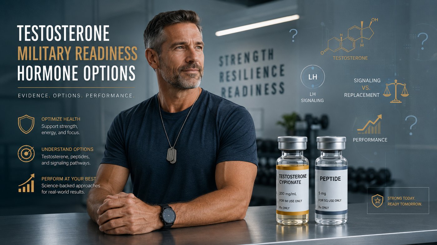 A fit man in his 40s beside testosterone and peptide vials, with icons for LH signaling, testosterone, and signaling versus replacement, framing hormone options for readiness
